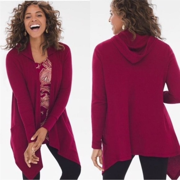 Chicos Zenergy Red Open Front Sharktail Hooded Cardigan Thermal Sweater Size M - Picture 1 of 13